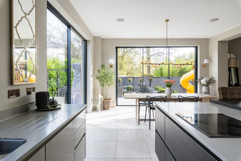 Stylish kitchen inside the Manchester filming location used as Elisa's house in the Disney+ series, The Stolen Girl.