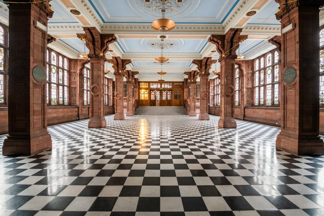 The grand hall inside Manchester's iconic Sackville Street Building, currently available as a filming location.