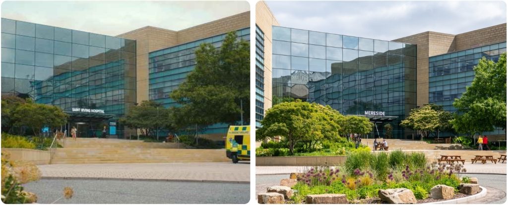 Side by side image of the fictional St Irving Hospital used as a run Away filming location and UK Locations' original location image. 