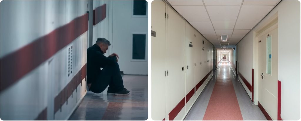 Side by side image of the fictional St Irving Hospital corridor used as a run Away filming location and UK Locations' original location image of the lab corridor. 