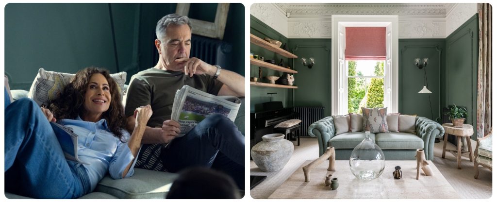 Scene from Runaway filming location  the Greene family home living room. Simon and wife Ingrid on sofa side by side with UKL location photo of same living room.