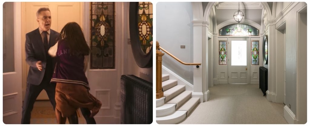 Scene from Runaway filming location  the Greene family home entrance hallway with stain glassed windows side by side with UKL's own location photo of same hallway. 