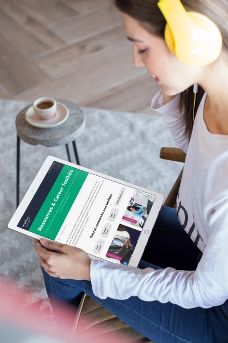 Mockup of a woman listening to a podcast on an ipad pro 24792