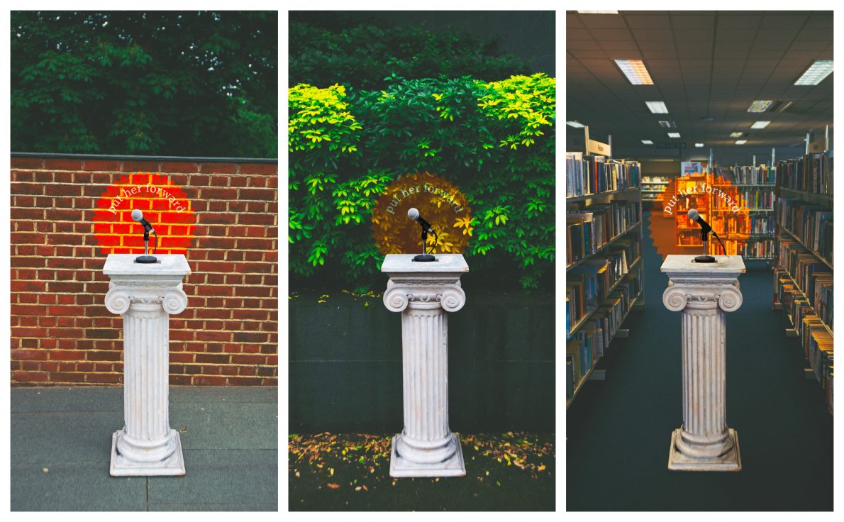 Three images show a white column with a microphone, each placed against different backdrops: a brick wall, green foliage, and a library aisle.