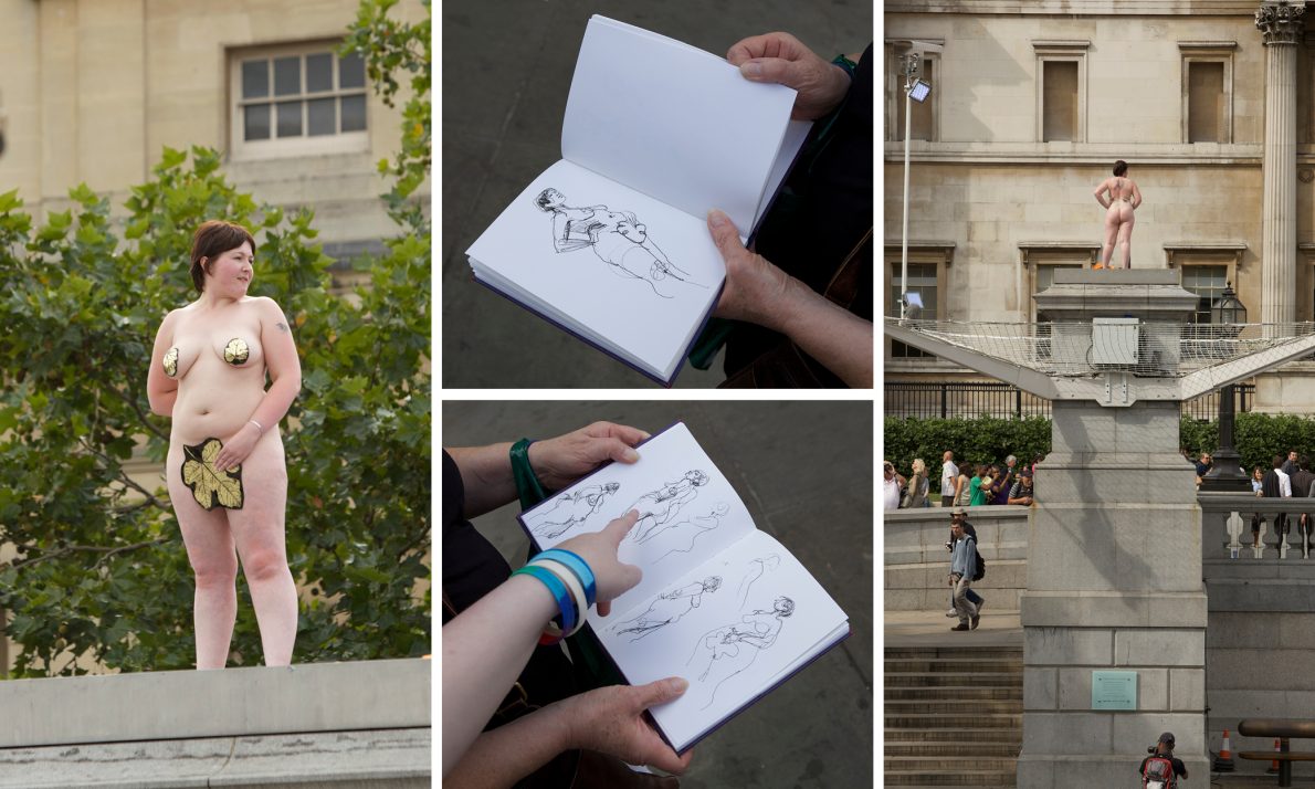 A series of images of a curvy, naked woman stood on the Fourth Plinth. She has gold leaves on her breasts and holds a leaf over her crotch. People are sketching her in various poses