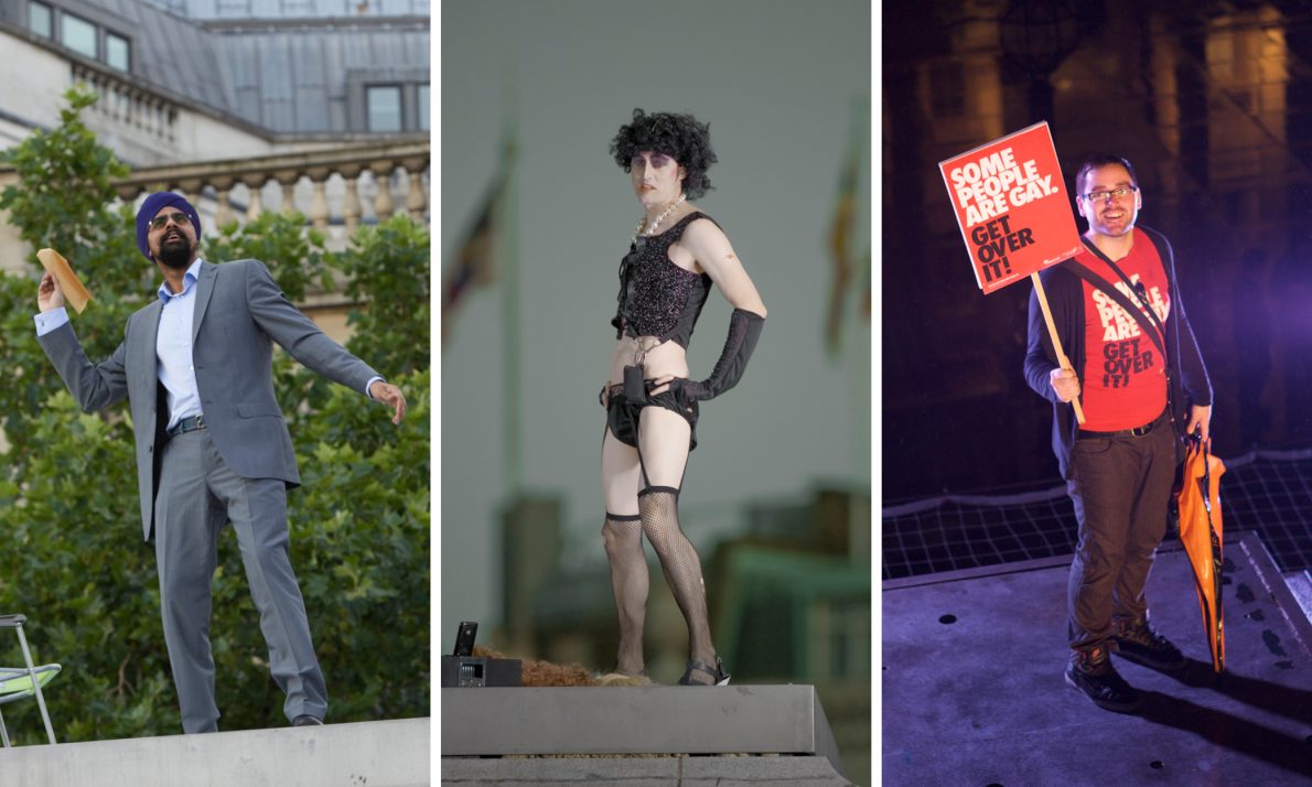 Tryptic of 3 people on the Forth Plinth. L to R; A man in a suit and turban throwing a paper aeroplane; a person in drag wearing black lingerie, they pose with their hands on their hips; a man in a red t-shirt holding a sign and smiling, the sign reads 'SOME PEOPLE ARE GAY, GET OVER IT'