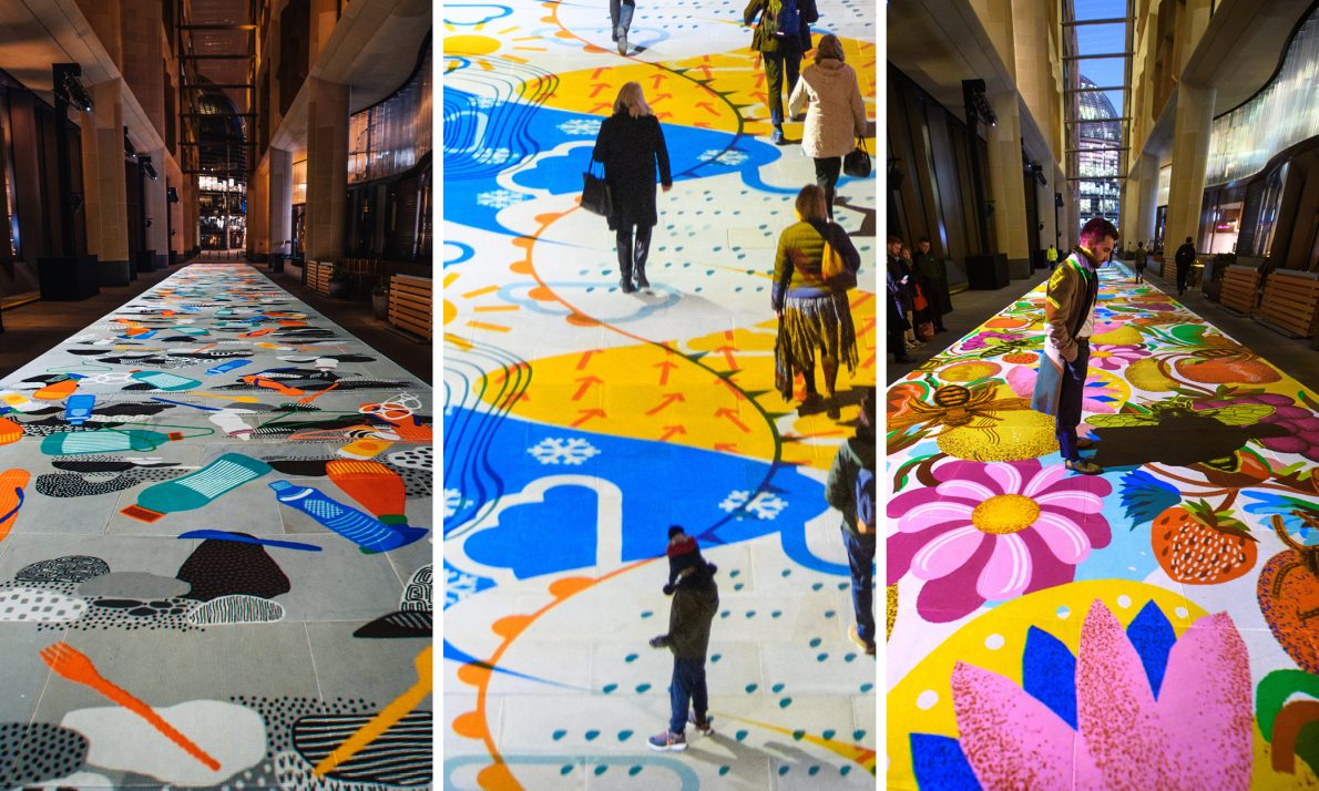 A tryptic of graphics from Imminence, a vibrant street projection set in an urban environment at night. L to R; A grey background with plastic bottles, cutlery, coat hangers and rocks; Various weather reporting graphics making a repeating pattern. A cloud, snowflakes, arrows and humidity markers; A selection of bright pink and orange flowers, fruit and bees