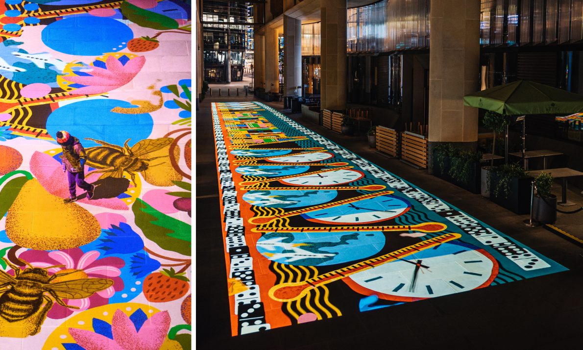 A set of graphics from Imminence, a vibrant street projection set in an urban environment at night. Left: large, colourful flowers, bees and fruit. A child walks across the floor. Right: Clock motifs run along the mural, with thermometers and dominoes and graphics of the planet Earth