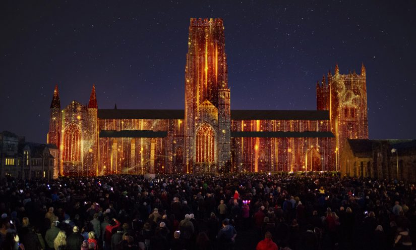 In Our Hearts Blind Hope, Palma Studio. Rendering courtesy of the artist Rendering of Durham Cathedral projected with golden rain