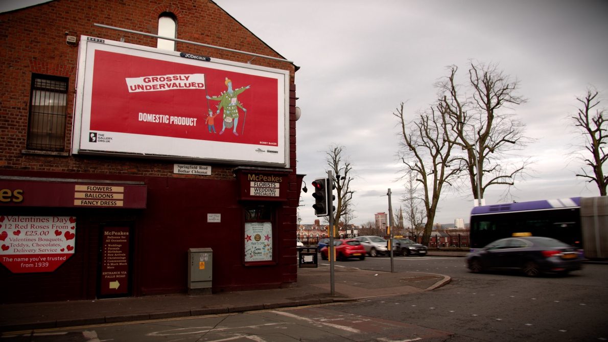 Artwork on a billboard. Text reads: GROSSLY UNDERVALUED DOMESTIC PRODUCT’