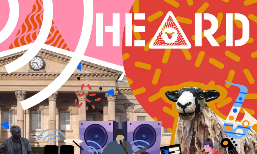HERD Collage A collage. HERD logo on top right, in white. Pink and red background with illustrations and a sheep maquette in the bottom right corner. A historic building is on the left of the image and there are illustrations of sound systems and instruments floating around.