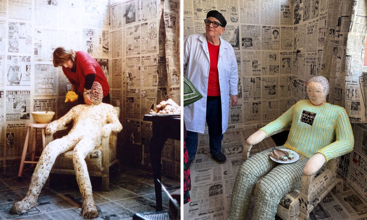A duo of images showing artist Bobby Baker next to the 'Father' figure from her edible installation. L to R; 1976, a grainy image of Bobby applying cake to the wire mesh skeleton of 'Father'; 2023 Baker stands next to 'Father' who is adorned with a green icing sweater with a slice of cake from his chest on his lap