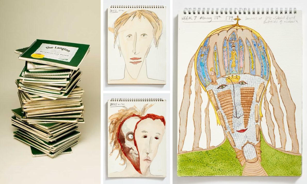 A tall stack of 61 green notebooks is on the left filled with drawings from this series. To the right are 3 pages; a pair of self-portraits with abstract, angular faces. The one above appears normal and the one below has their face ajar like a door showing a skull and eyeball beneath; on the very right is a portrait of a woman who is a cathedral - cheeks of church pews, a stained glass window forehead and legs for hair