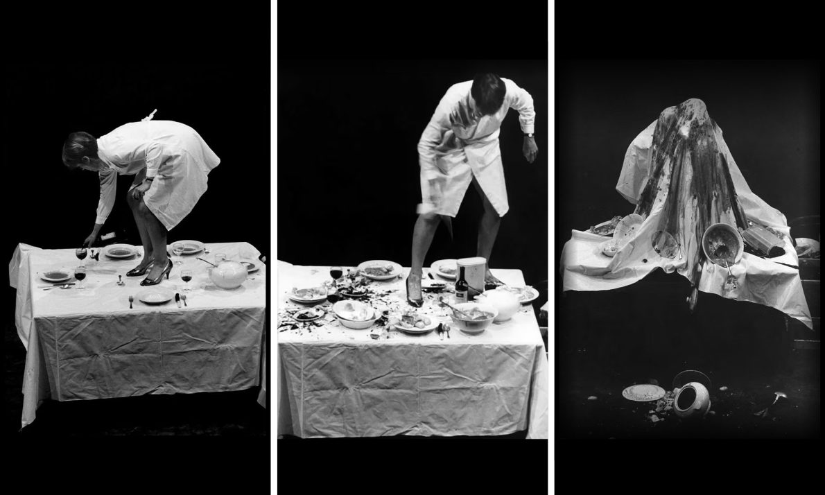 A triptych image shows artist Bobby Baker person in a white coat and smart heels on a dinner table with dishes. The sequence progresses from orderly to chaos as she ruins the place settings - spreading food all over the table and floor, smashing crockery and hiding under the ruined tablecloth