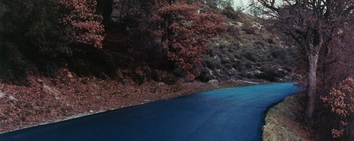 A photograph of a road in the daytime. The pavement appears an eerie shady of dark blue whilst the trees alongside are various shades of orange, reds and burgundy.