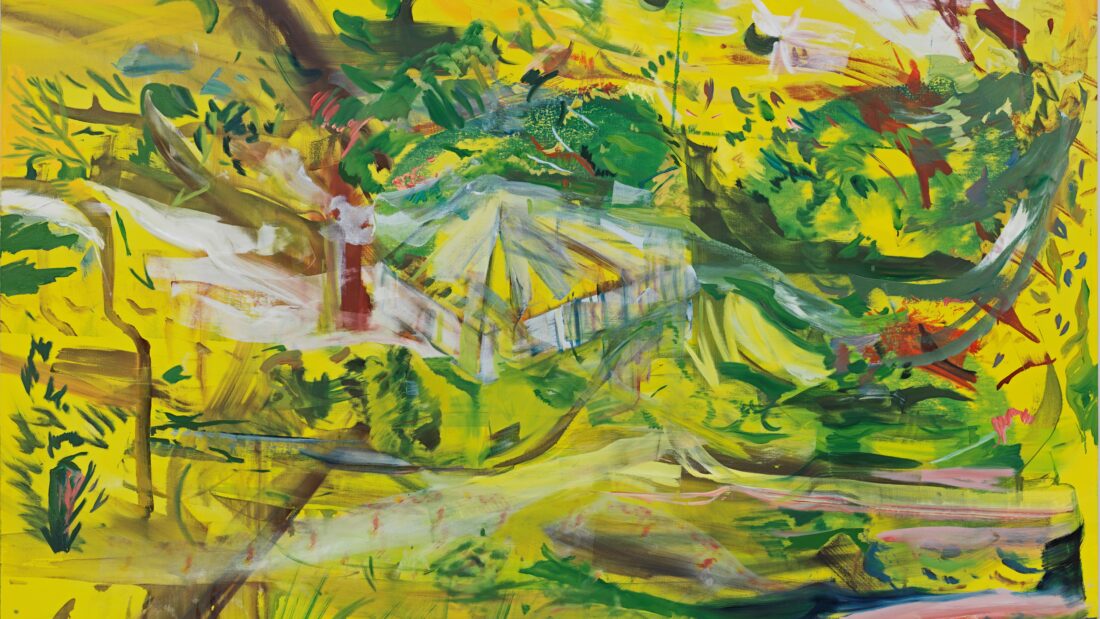 An abstract, vivid painting of a house in a green landscape. Confident green, yellow and red brushstrokes make up the painting, evoking a creative and reflective atmosphere