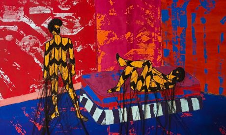 An abstract artwork featuring two figures with bold patterns in yellow and black, standing and reclining against a vibrant background of red, pink, and blue. The figures have long, flowing strands resembling hair or fabric extending from them.