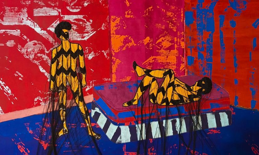 An abstract artwork featuring two figures with bold patterns in yellow and black, standing and reclining against a vibrant background of red, pink, and blue. The figures have long, flowing strands resembling hair or fabric extending from them.