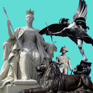 Against a green background is a collage of London statues including, Nelson's column, Queen Victoria, Eros and a lion.