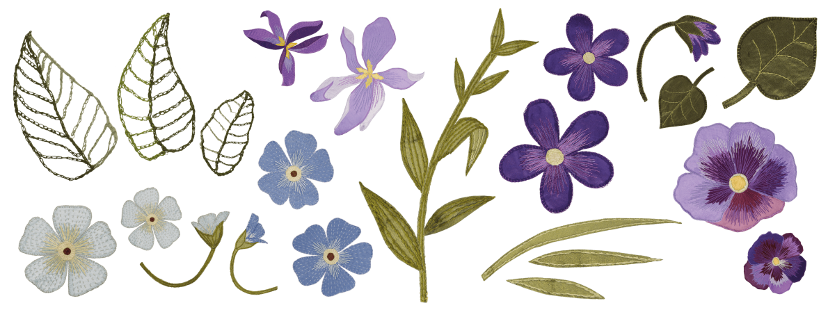 Embroidered leaves and flowers featuring purple, blue, and white flowers. There are violets, lilacs and African violets. The style is delicate and artistic.