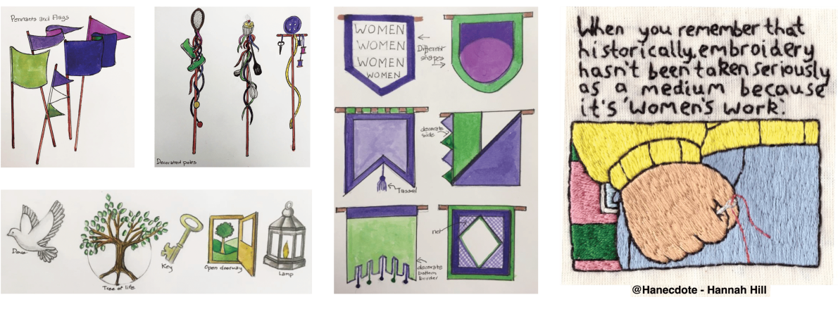 A collage of examples of hand-drawn protest flags, symbolic keys and embroidery. Includes an embroidered artwork with text emphasising the overlooked art of embroidery in women's work.