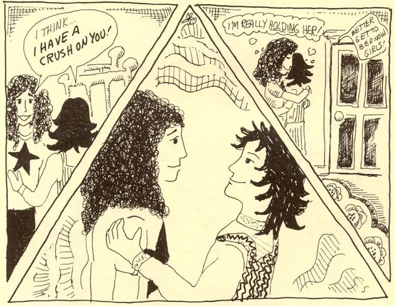 A comic strip of three panels depicts a lesbian couple. The first panel features the girls with a speech bubble above them saying 