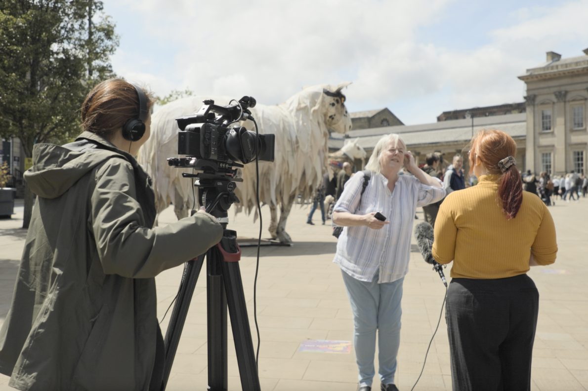 A videographer films an interview with a woman in a town square, while a person with a microphone stands beside her. A large white shaggy animal puppet from the HERD show looms in the background.