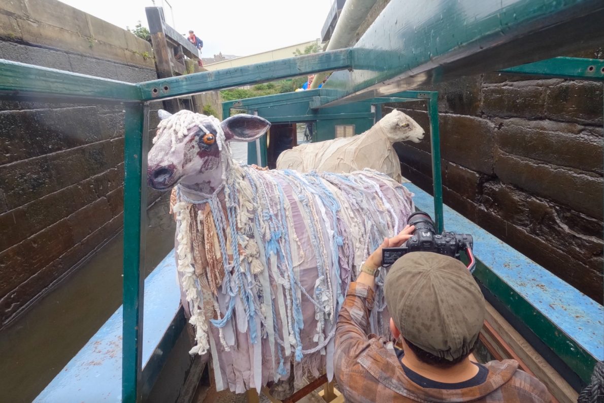 A photographer crouches to photograph two large sheep puppets made from fabric and textile scraps aboard a narrowboat passing through a canal lock.