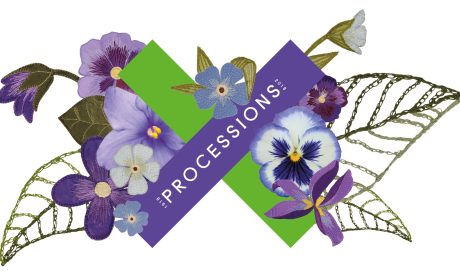 A vibrant design with purple and green diagonal bars reading 