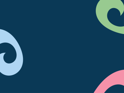 Navy background with three different-coloured swirls at the edge of the screen, in pink, green and light blue.
