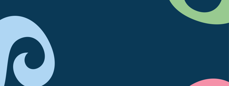 Navy background with three different-coloured swirls at the edge of the screen, in pink, green and light blue.