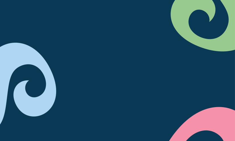 Navy background with three different-coloured swirls at the edge of the screen, in pink, green and light blue.