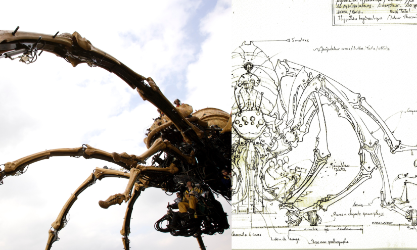 A side-by-side pairing of a photograph and a technical drawing: on the left, a low-angle daylight shot of the mechanical spider with operators visible riding its legs against a cloudy sky; on the right, a detailed pen sketch of the same structure seen from below, with French annotations noting dimensions and components including 