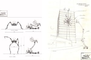Two technical drawings for La Machine's giant spider. On the left, engineering plans show the spider in walking and dancing positions, with measurements. On the right, a pencil concept sketch shows the spider suspended by cables against a tower block, with a cherry picker beside it and handwritten French annotations.