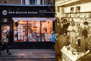 A split image comparing New Beacon Books past and present. On the left, a contemporary photograph shows the shopfront at dusk, its black fascia reading "NEW BEACON BOOKS" beside a circular "nB" logo, with the phone number "020 7272 4889", the website "www.newbeaconbooks.com" and "EST. 1966" printed alongside. A striped awning shades the illuminated shop window below, which is packed with books, posters and red "Sale" banners, along with various notices taped to the glass. A round plaque reading "GPI Institute" is fixed to the brickwork beside the entrance. On the pavement outside, a woman in a face mask and green jacket walks past with a man in a black puffer jacket, while further along the street a figure in a blue jacket and bobble hat walks by. On the right, a sepia-toned archival photograph taken inside the shop shows a small crowd of adults and a child gathered around a table holding cups and bowls, listening to a man in light-coloured clothing who stands centrally, holding a book as he speaks to the group. Bookshelves stacked with titles and wall-mounted posters and photographs fill the background.