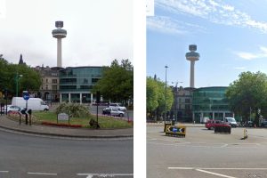 Before and after: Two Google Street View images of the same Liverpool roundabout outside the Queensway Tunnel, with the Radio City tower rising behind a curved glass office building. On the left, the roundabout has a planted island with flower beds and grasses under an overcast sky. On the right, the planting has gone and the centre is bare tarmac with black and yellow chevron signs, under a blue sky.