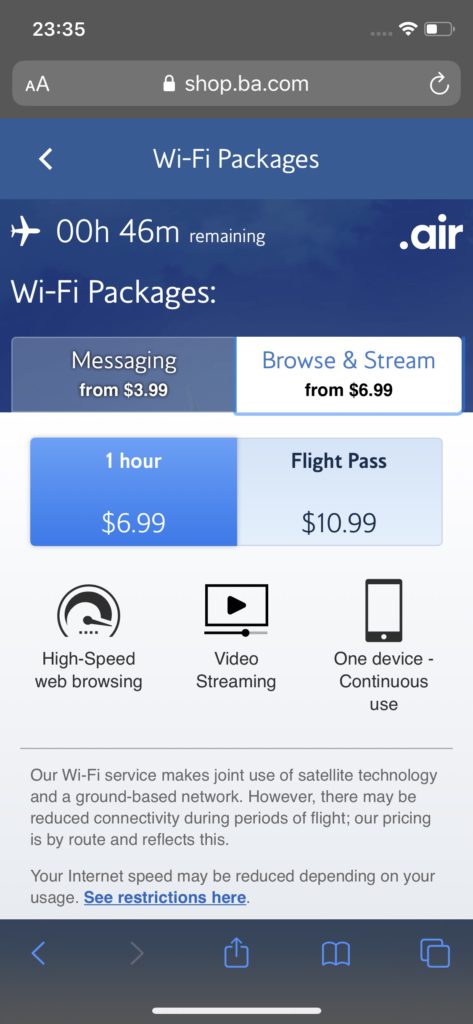 Wifi packages on the flight