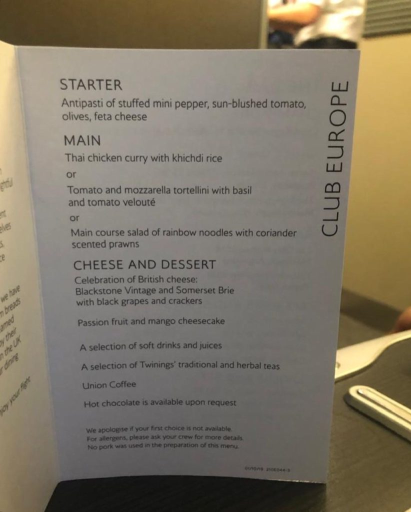 Food menu in Club Europe