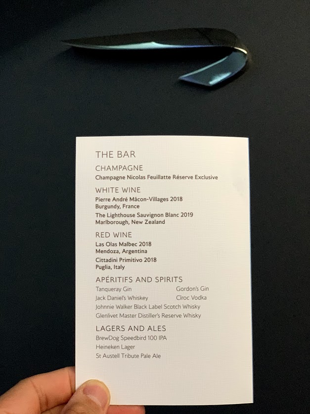 The drinks selection menu on the flight