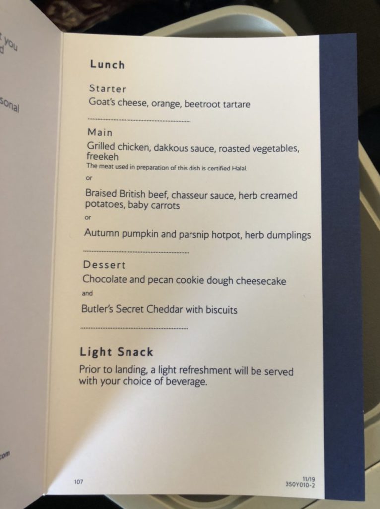 Meal menu in BA Premium Economy