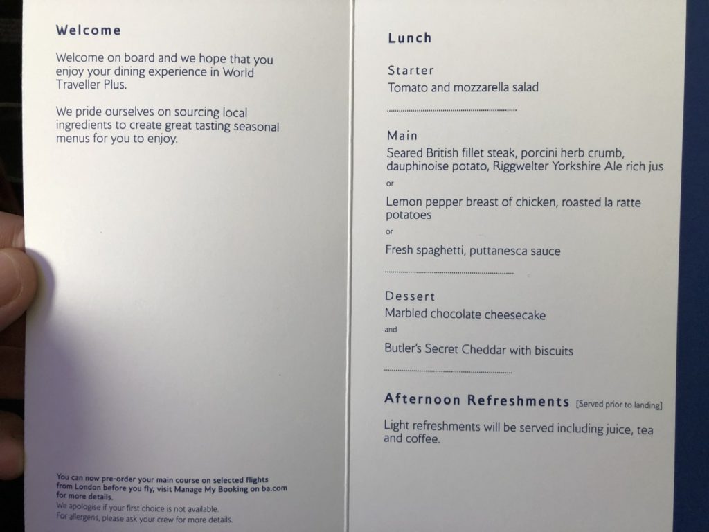 BA Premium Economy menu