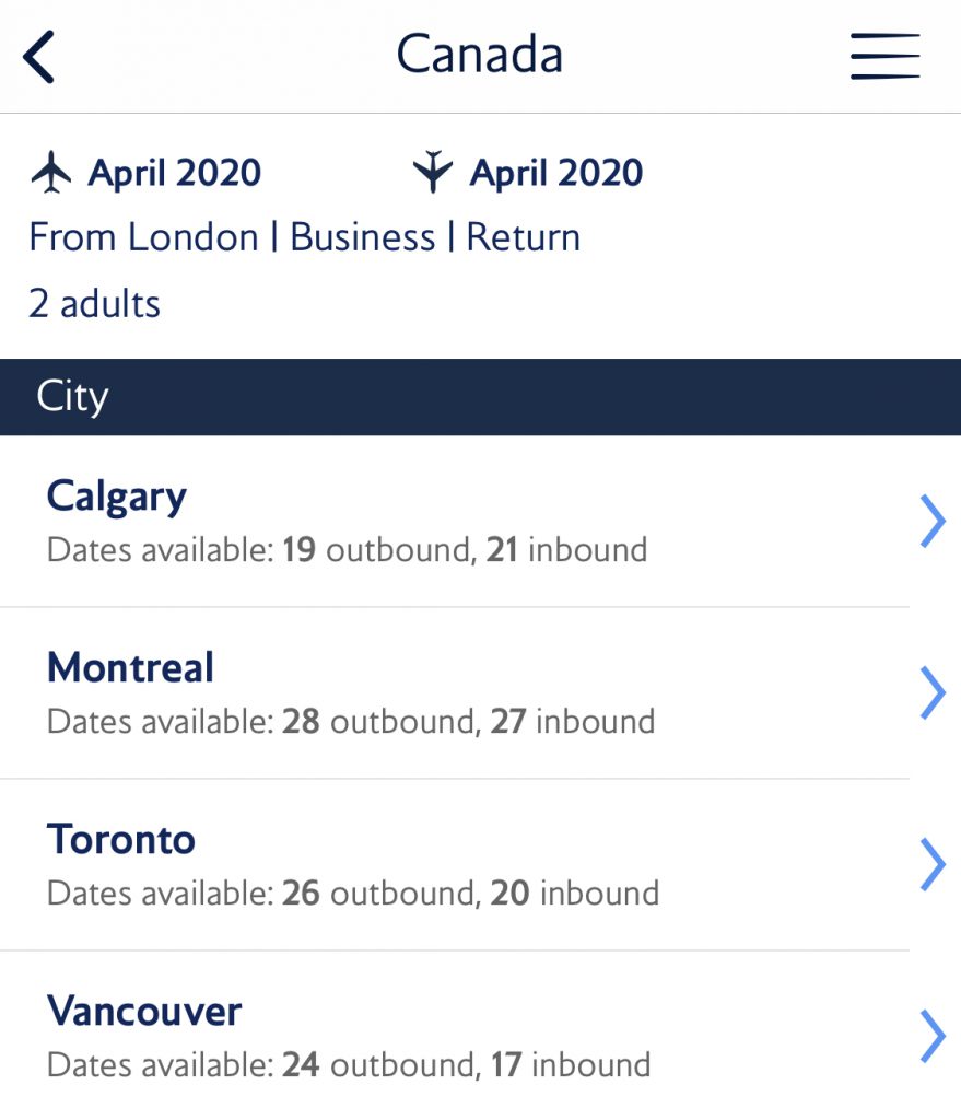 BA Reward flight finder - Canada