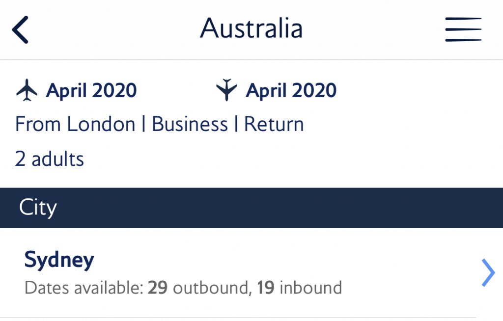 BA Reward flight finder - Australia