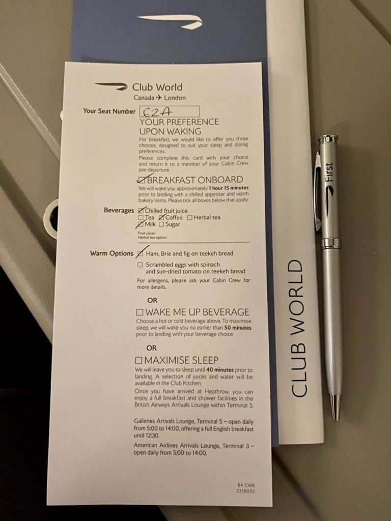 Breakfast pre-order on BA 747 business class