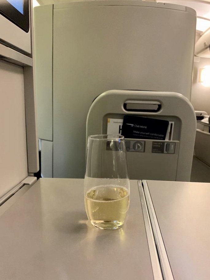 Thimble of champagne served in British Airways business class