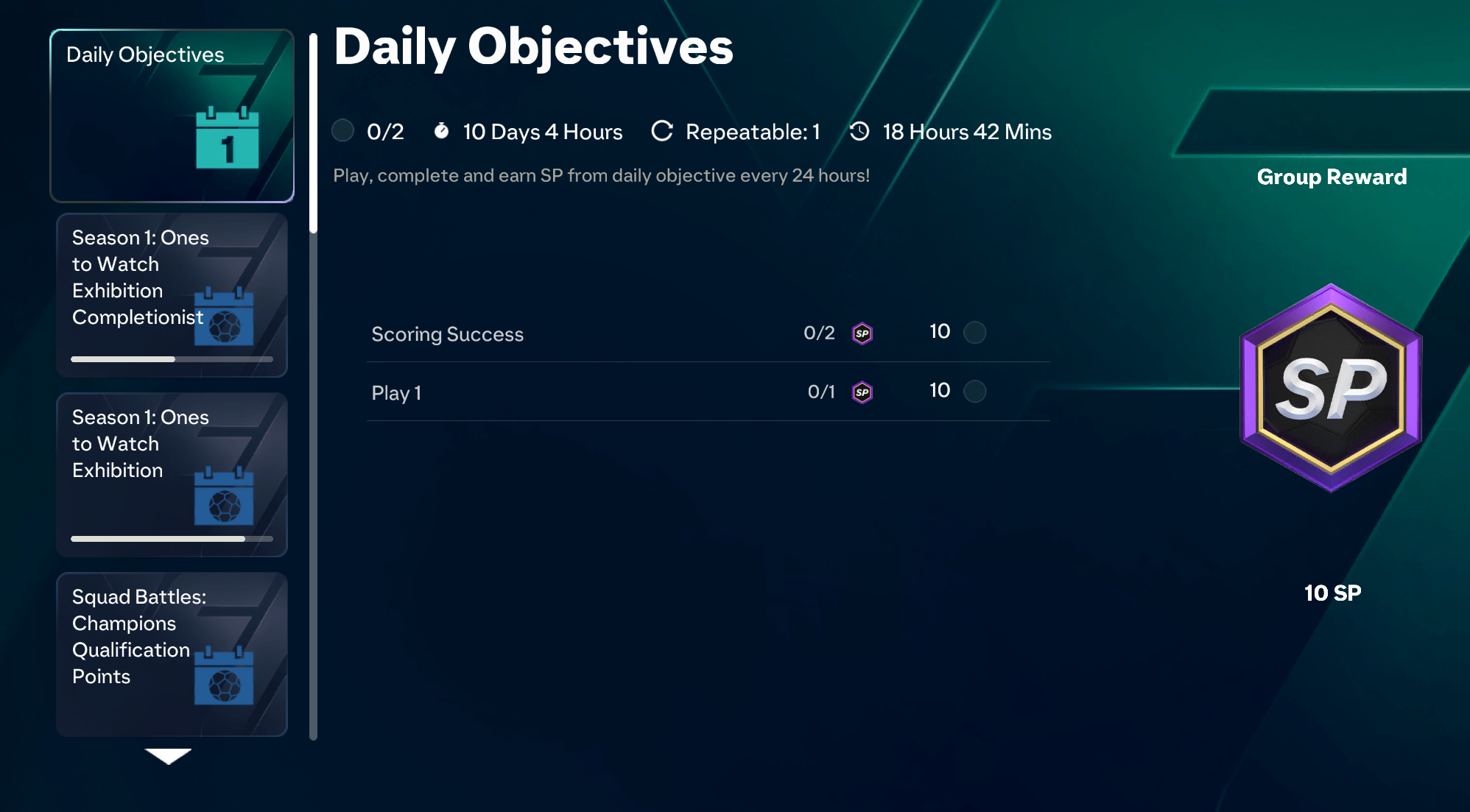 EA FC 27 Ultimate Team Daily Objectives, Play 1 and Score 2 for 30 SP