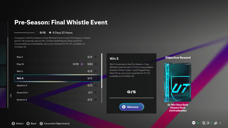 Pre-Season: Final Whistle Event Objectives and Rewards