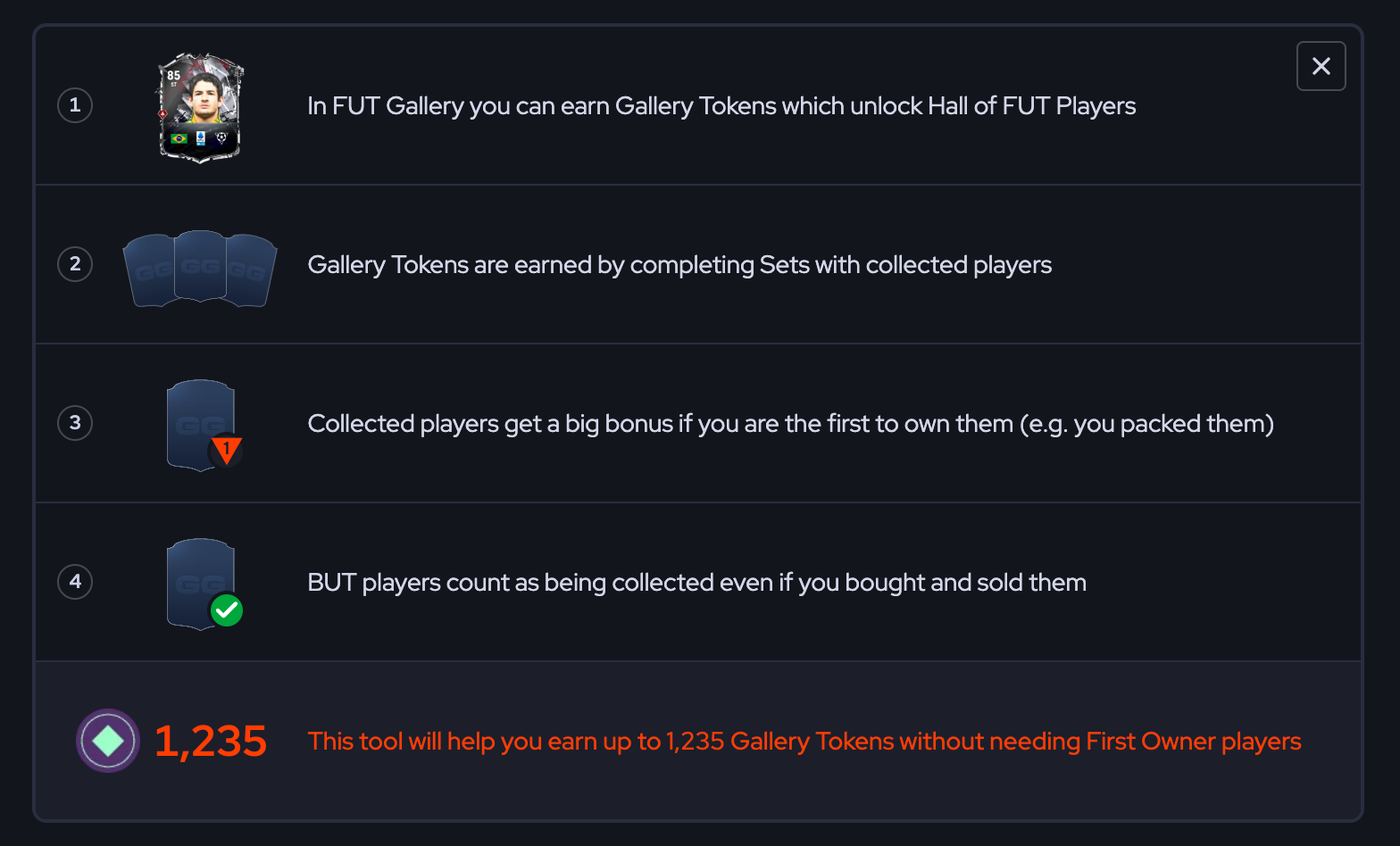 FUT.GG Gallery tool explainer: earn Gallery Tokens by completing Sets, First Owner bonus, sold players still count