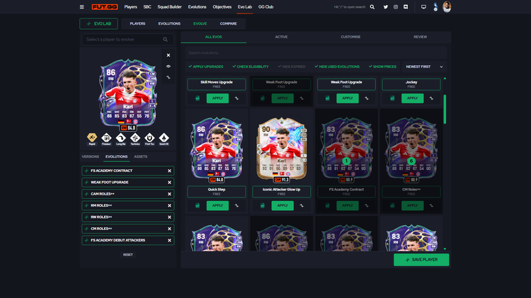 Future Stars Academy Evolution in FUT GG Evo Lab