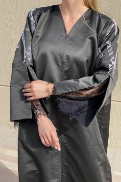 MOI072122 2 rotated Black Satin Embroidered Abaya